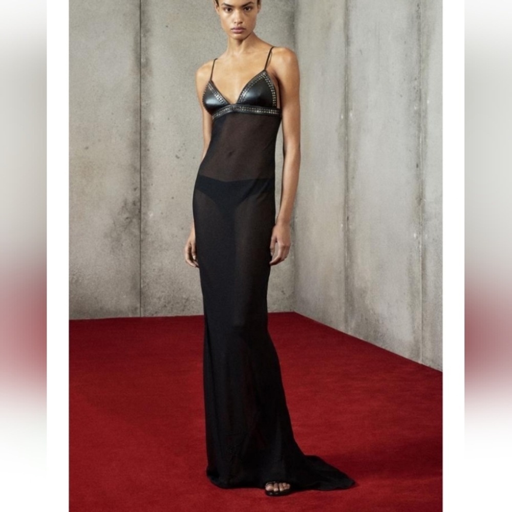 Zara x Ludovic De Saint Sernin Black Leather Sheer Maxi Dress with Studded Top L
